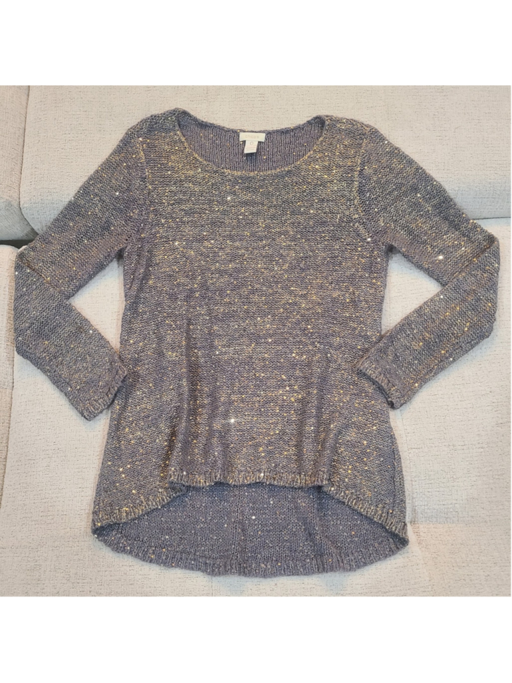 Chicos Sweater Womens Sz 0 Small Gray Gold Sequins Long Sleeve Knit Tunic